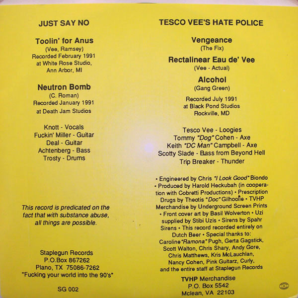 Just Say No & Tesco Vee's Hate Police – Fuck Straight-Edge Vol.2 - 7" Single, 1991 US Original