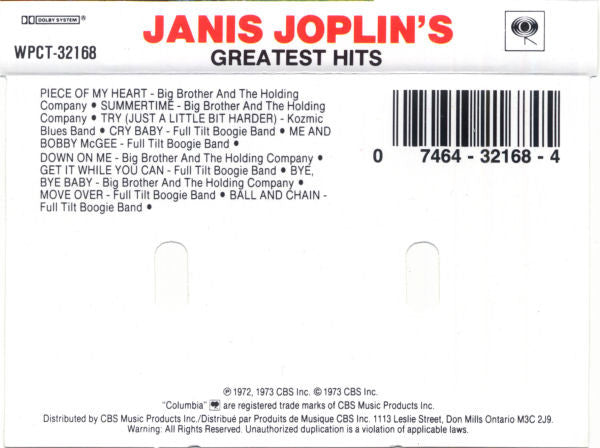 Janis Joplin – Janis Joplin's Greatest Hits - 1973 Cassette