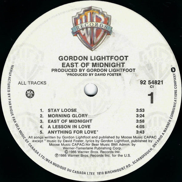 Gordon Lightfoot – East Of Midnight - 1986