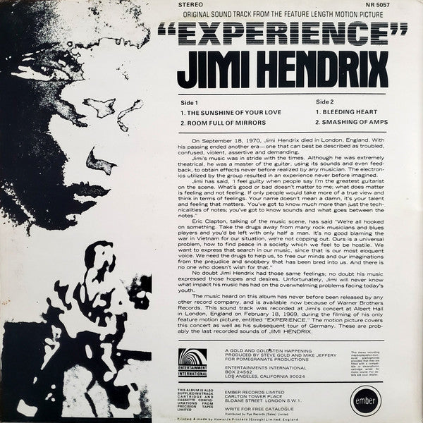 Jimi Hendrix ‎– Original Sound Track 'Experience' - 1971 UK Original VinylPursuit.com