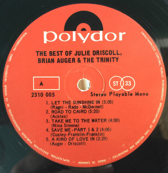 Julie Driscoll, Brian Auger & The Trinity – The Best Of - Early Pressing VinylPursuit.com
