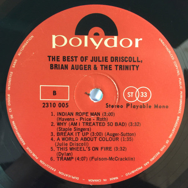 Julie Driscoll, Brian Auger & The Trinity – The Best Of - Early Pressing VinylPursuit.com