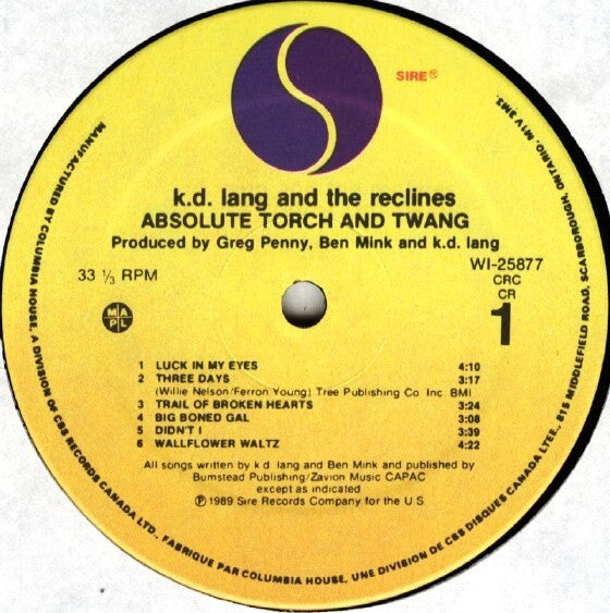 KD Lang and The Reclines – Absolute Torch And Twang - 1989 Pressing