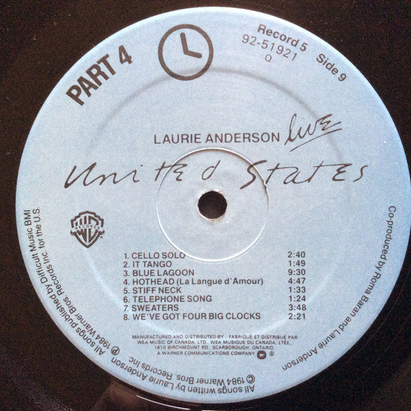 Laurie Anderson ‎– United States Live - 5-Album Box Set, 1984