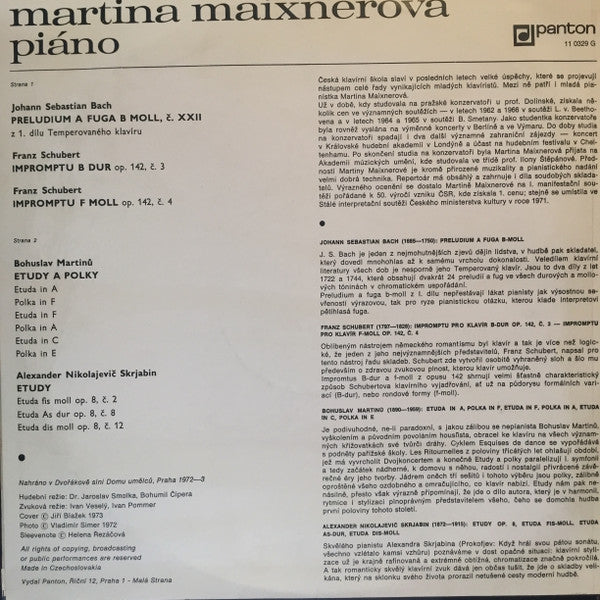 Martina Maixnerová – Piano - 1972 Original Czech Pressing