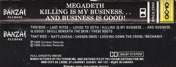 Megadeth – Killing Is My Business... And Business Is Good! - 1985 Cassette