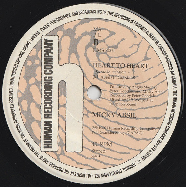 Micky Absil – Heart To Heart -  7" Single, 1988