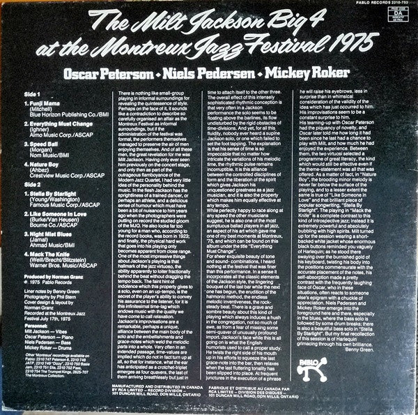 Milt Jackson – The Milt Jackson Big 4 At The Montreux Jazz Festival - 1975 Original Vinyl Pursuit Inc
