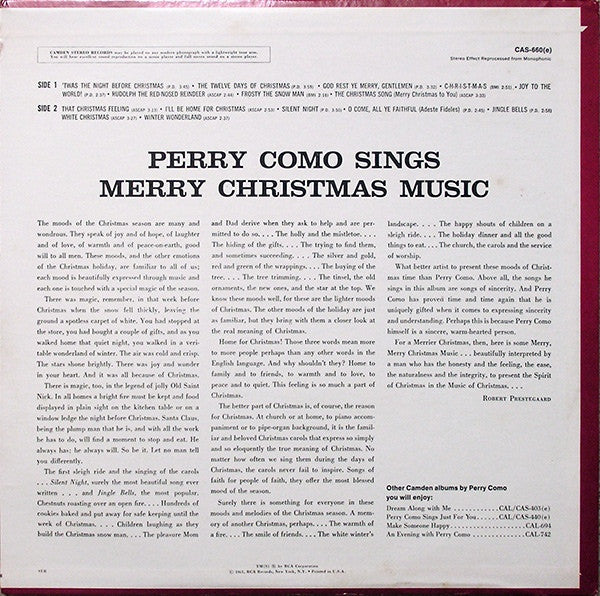 Perry Como ‎– Perry Como Sings Merry Christmas Music - 1961!