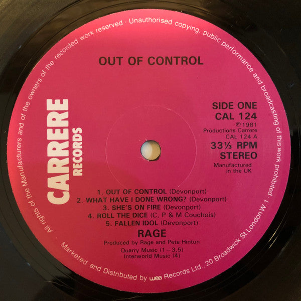 Rage – Out Of Control - 1981 UK Original VinylPursuit.com
