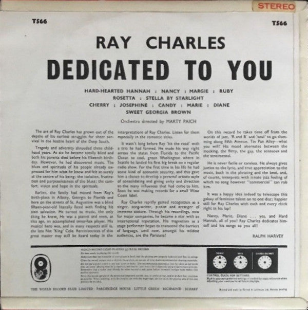 Ray Charles ‎– Dedicated To You - 1967 Original UK Pressing