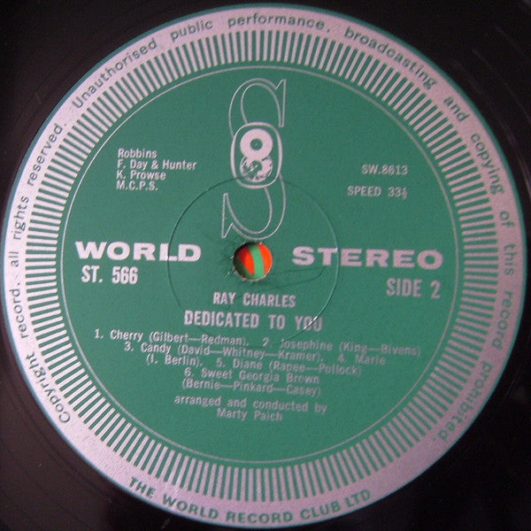 Ray Charles ‎– Dedicated To You - 1967 Original UK Pressing