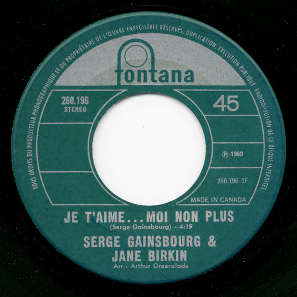 Serge Gainsbourg & Jane Birkin ‎– Je T'aime -  7" Single 1969 Vinyl Pursuit Inc