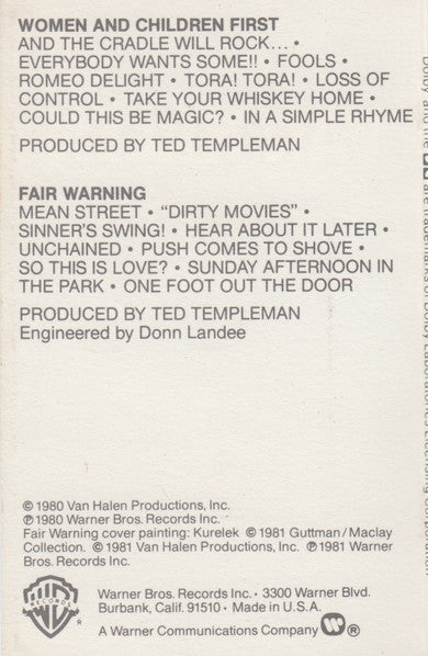 Van Halen – Women And Children First / Fair Warning - 1981 Cassette