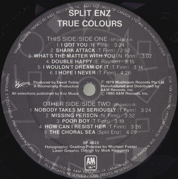 Split Enz - True Colours - Red Cover, Etched Vinyl