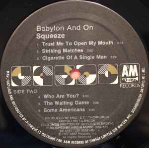Squeeze ‎– Babylon And On - 1987 Pressing