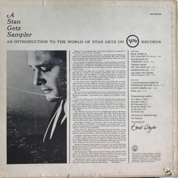 Stan Getz ‎– A Stan Getz Sampler: An Introduction To The World Of Stan Getz - 1964 Verve Original