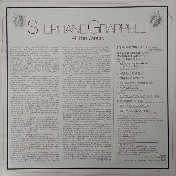 Stephane Grappelli – At The Winery - 1981 US Pressing