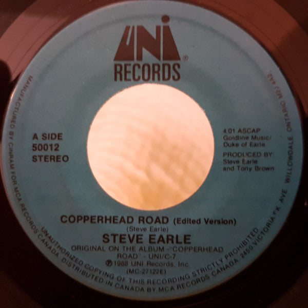 Steve Earle Copperhead Road 7" Single, 1988 Vinyl Pursuit Inc