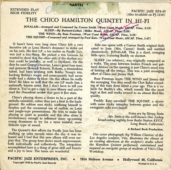 The Chico Hamilton Quintet in Hi Fi -  7"  Single, 1956 Vinyl Pursuit Inc