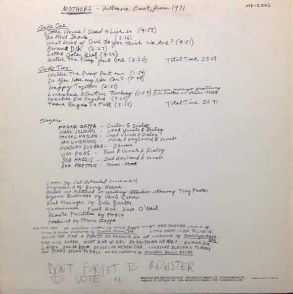 The Mothers – Fillmore East, June 1971 - 1978 Pressing VinylPursuit.com