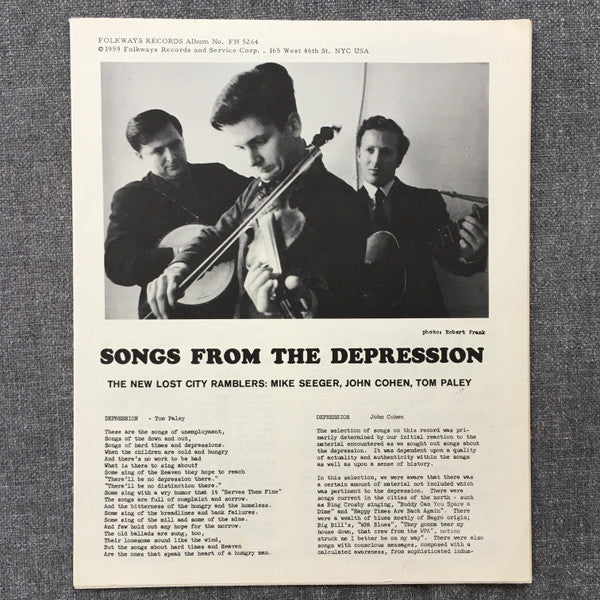 The New Lost City Ramblers – Songs From The Depression - 1959 Original Pressing with Booklet!!