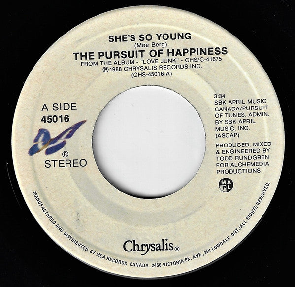 The Pursuit Of Happiness – She's So Young -  7" Single - 1988