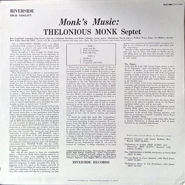 Thelonious Monk Septet – Monk's Music - 1983 MONO US Pressing, Rare!