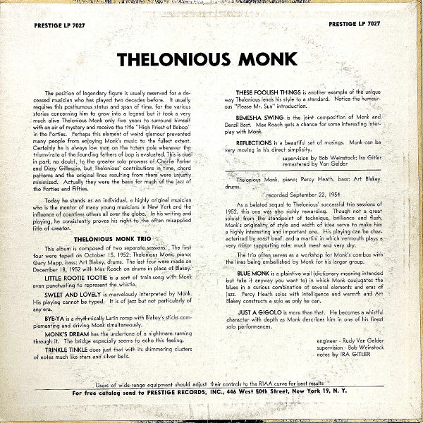 Thelonious Monk Trio – Thelonious Monk Trio - 1956 US Original, RARE