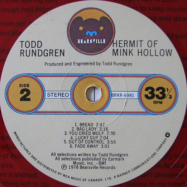 Todd Rundgren – Hermit Of Mink Hollow - 1978 Red Vinyl!