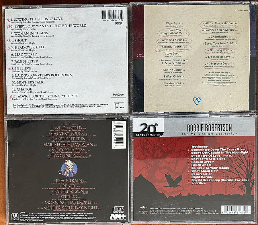 Greatest Hits Bundle #1  - Tears for Fears Simple Minds, Cat Stevens, Robbie Robertson - 4 CDs Vinyl Pursuit Inc
