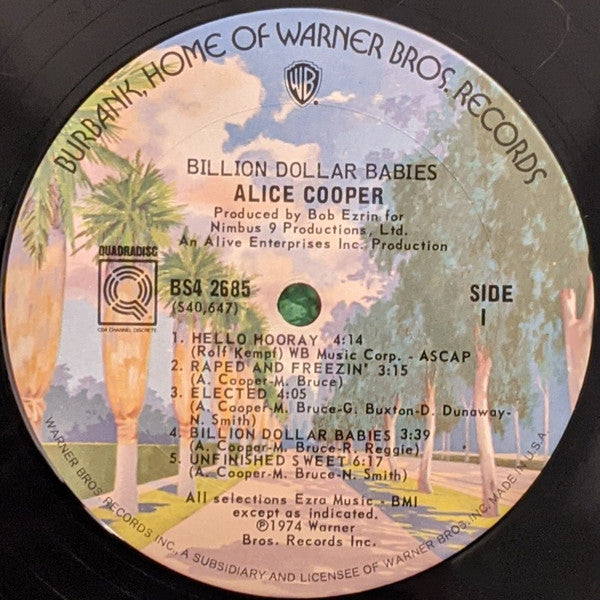 Alice Cooper – Billion Dollar Babies - Rare 1974 US Quad Pressing w $$$$ Bill!