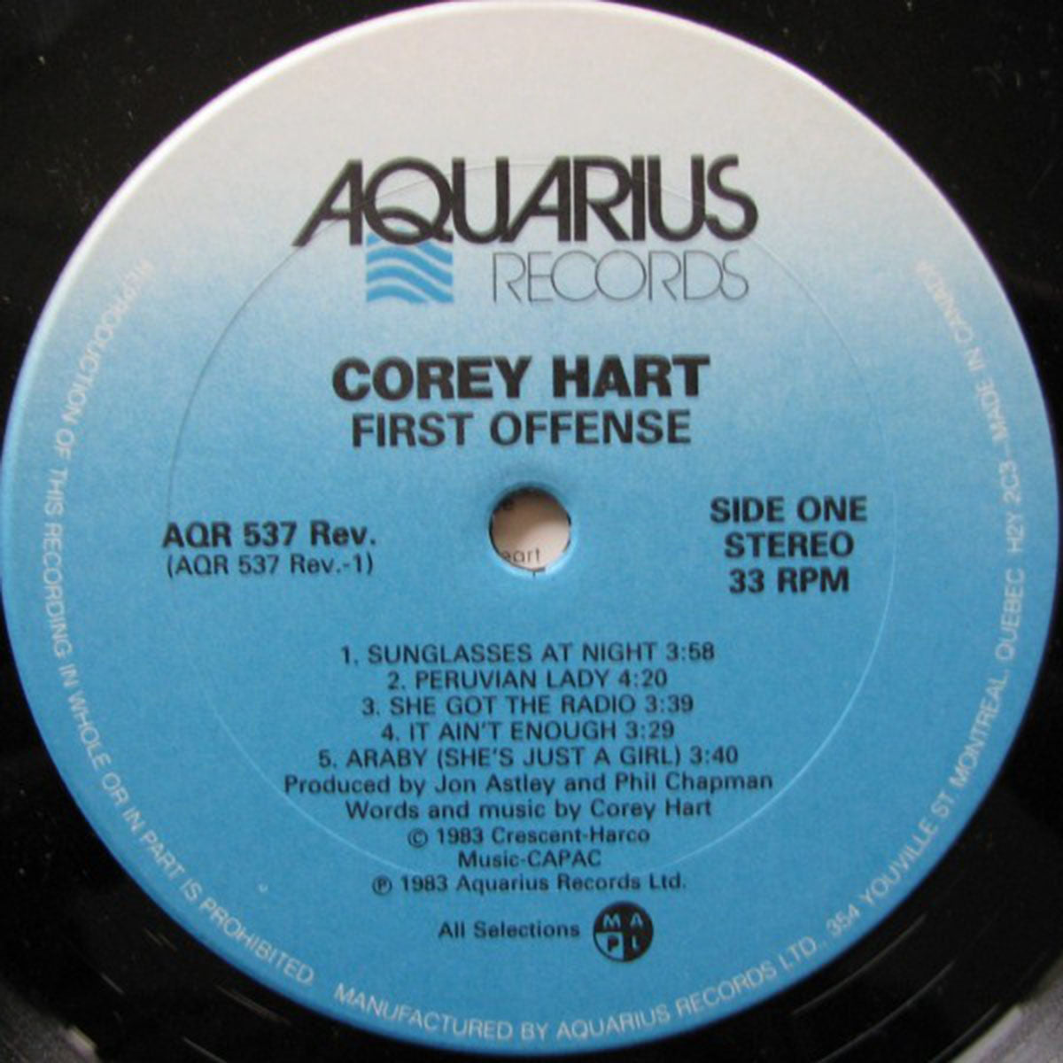 Corey Hart ‎– First Offense - 1983 Pressing