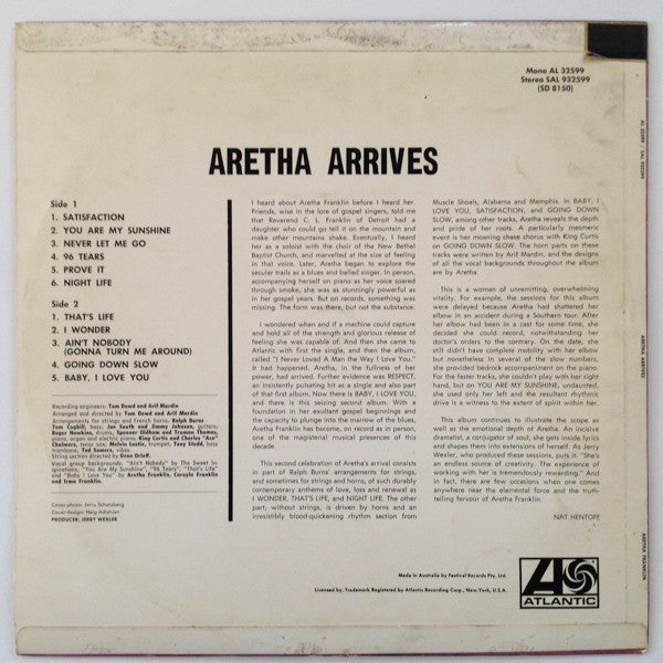 Aretha Franklin – Aretha Arrives Australia Pressing