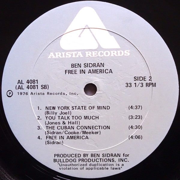 Ben Sidran – Free In America - 1976 US Pressing