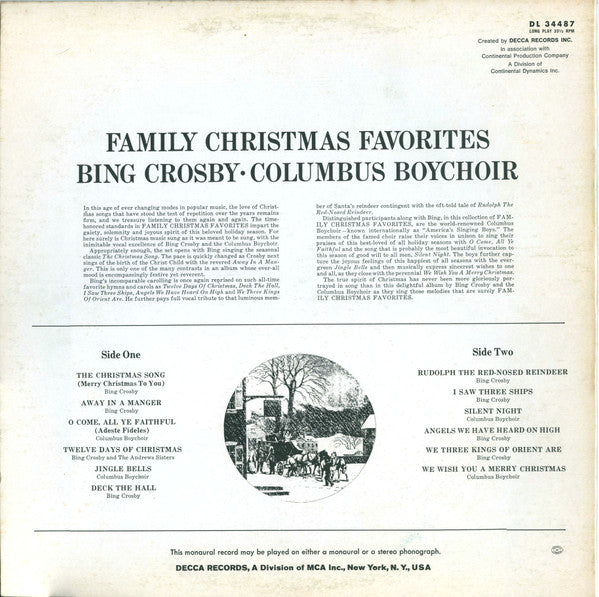 Bing Crosby - The Columbus Boychoir – Family Christmas Favorites - Original Pressing