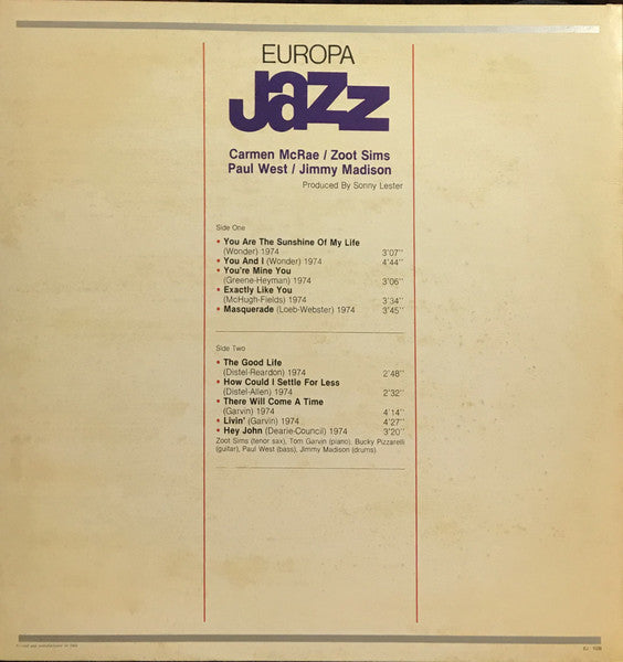 Carmen McRae, Zoot Sims, Paul West, Jimmy Madison - 1981 Italian Original - Bargain!