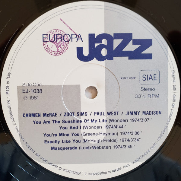 Carmen McRae, Zoot Sims, Paul West, Jimmy Madison - 1981 Italian Original - Bargain!