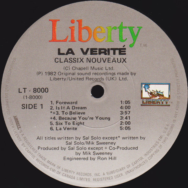 Classix Nouveaux – La Verité - 1982 Original - Vinyl Pursuit Inc