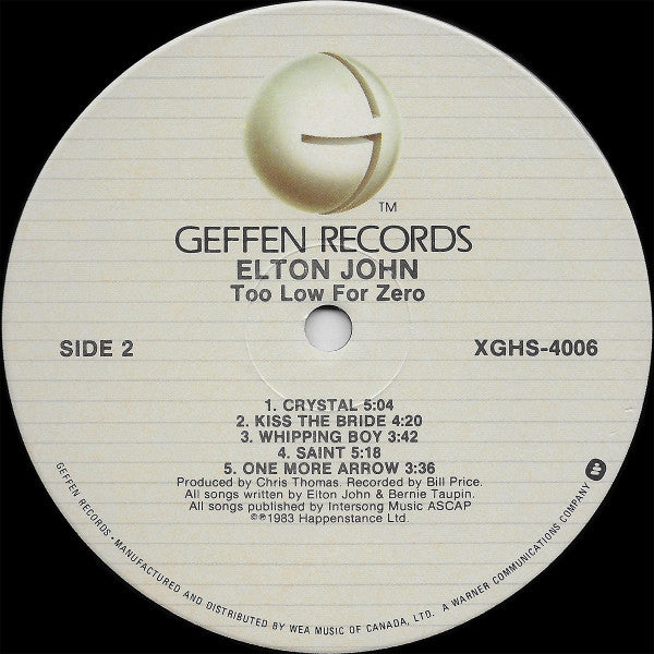 Elton John – Too Low For Zero - Orignal 1983 Pressing Vinyl Pursuit Inc