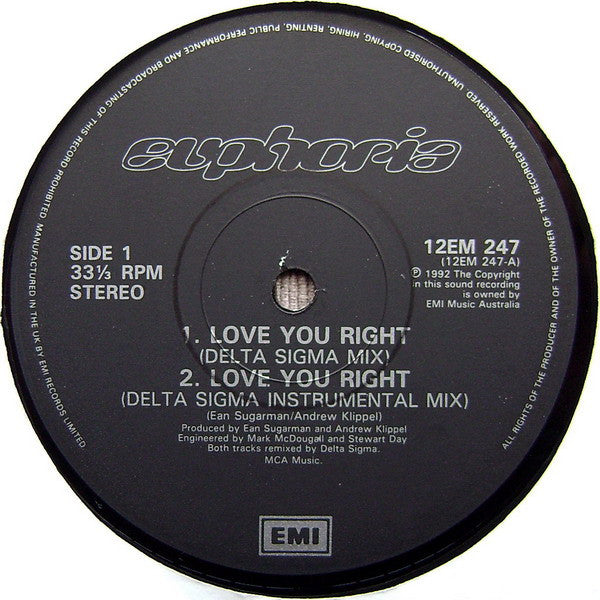 Euphoria – Love You Right - 1992 UK Pressing