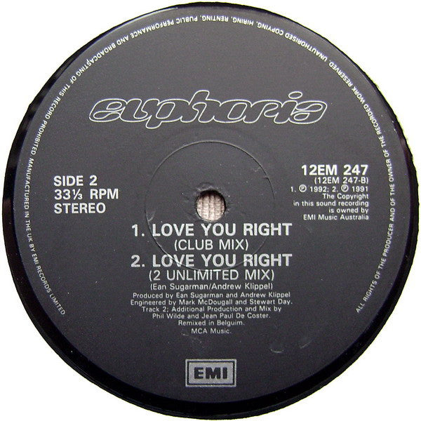 Euphoria – Love You Right - 1992 UK Pressing