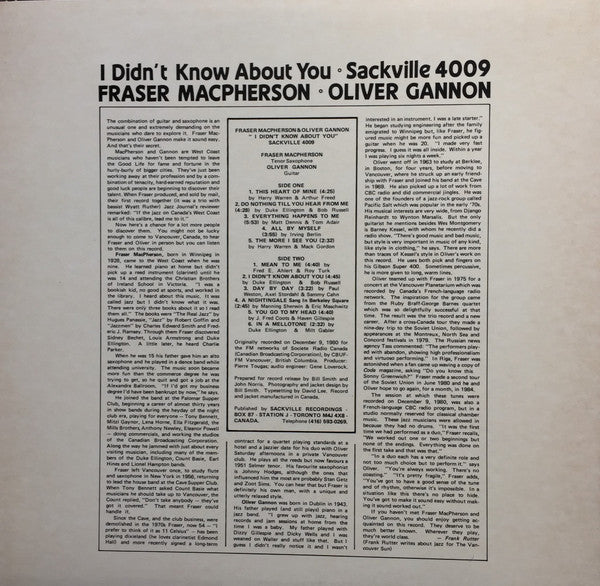 Fraser MacPherson & Oliver Gannon – I Didn't Know About You - 1982 Original -Sealed!