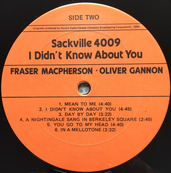 Fraser MacPherson & Oliver Gannon – I Didn't Know About You - 1982 Original -Sealed!