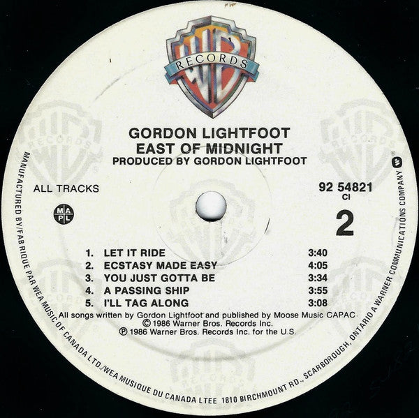Gordon Lightfoot – East Of Midnight - 1986 Original - Vinyl Pursuit Inc