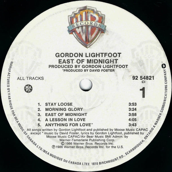 Gordon Lightfoot – East Of Midnight - 1986 Original - Vinyl Pursuit Inc