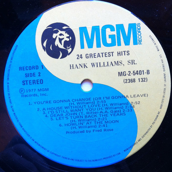 Hank Williams, Sr. – 24 Greatest Hits Vol. 2 - 1977 Original