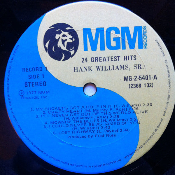 Hank Williams, Sr. – 24 Greatest Hits Vol. 2 - 1977 Original