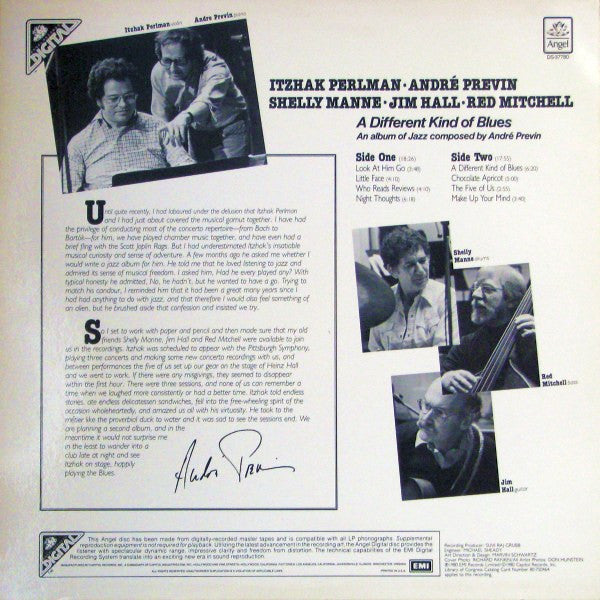A Different Kind Of Blues - Itzhak Perlman, André Previn, Shelly Manne, Jim Hall, Red Mitchell – 1980 US Original
