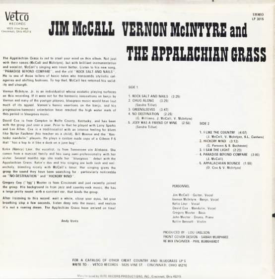 Jim McCall, Vernon McIntyre And The Appalachian Grass – Jim McCall, Vernon McIntyre And The Appalachian Grass  US Pressing